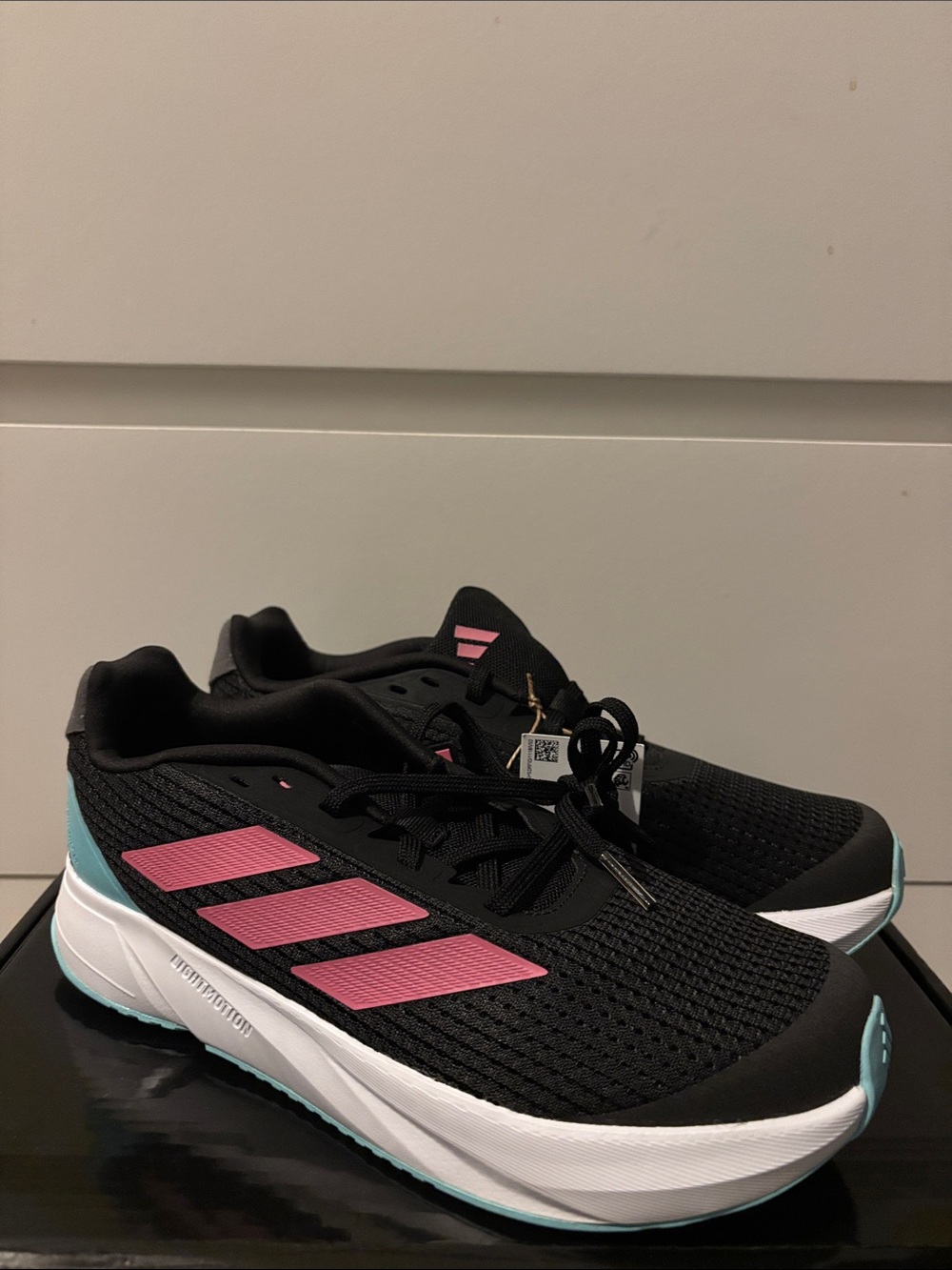 adidas Black Athletic Shoes with Pink Stripes and Aqua Accents